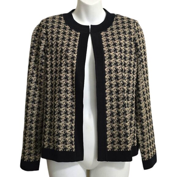 Ming Wang Tan & Black Houndstooth Collarless Cardigan Sz M - Picture 2 of 11